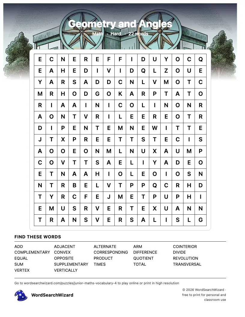 Geometry and Angles word search printable sheet, 22 words to find