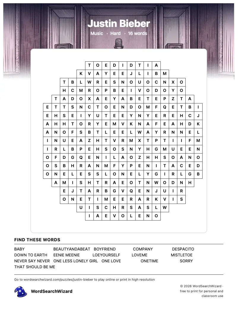 Justin Bieber word search printable sheet, 16 words to find