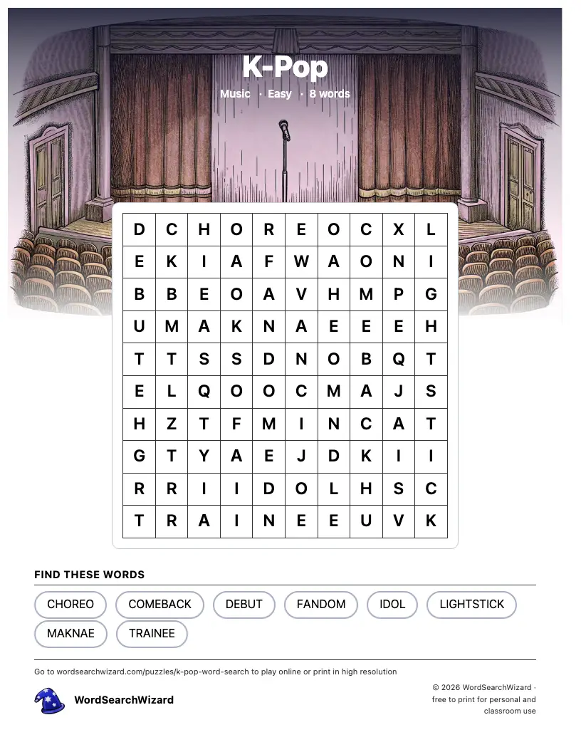 K-Pop word search printable sheet, 8 words to find