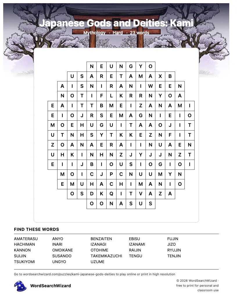 Japanese Gods and Deities: Kami word search printable sheet, 23 words to find