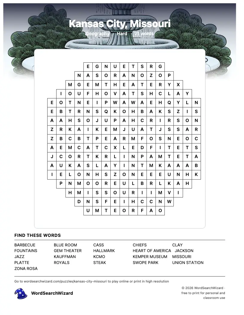 Kansas City, Missouri word search printable sheet, 21 words to find