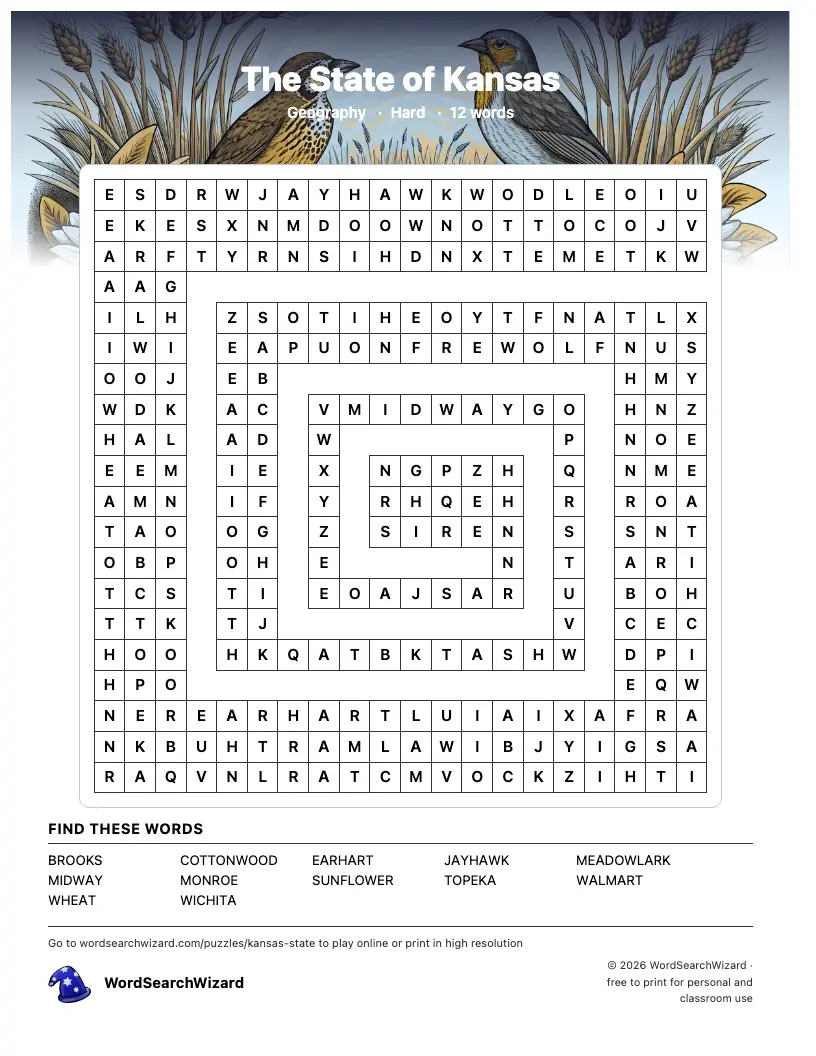 The State of Kansas word search printable sheet, 12 words to find