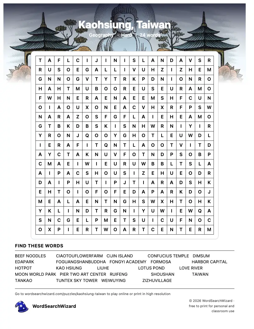 Kaohsiung, Taiwan word search printable sheet, 24 words to find