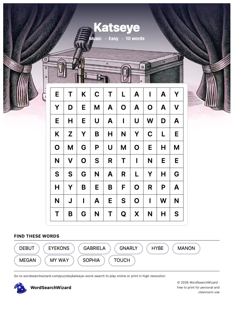 Katseye word search printable sheet, 10 words to find