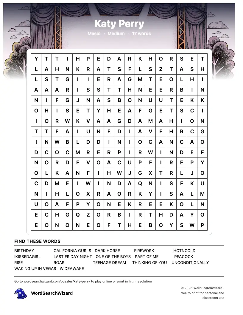 Katy Perry word search printable sheet, 17 words to find