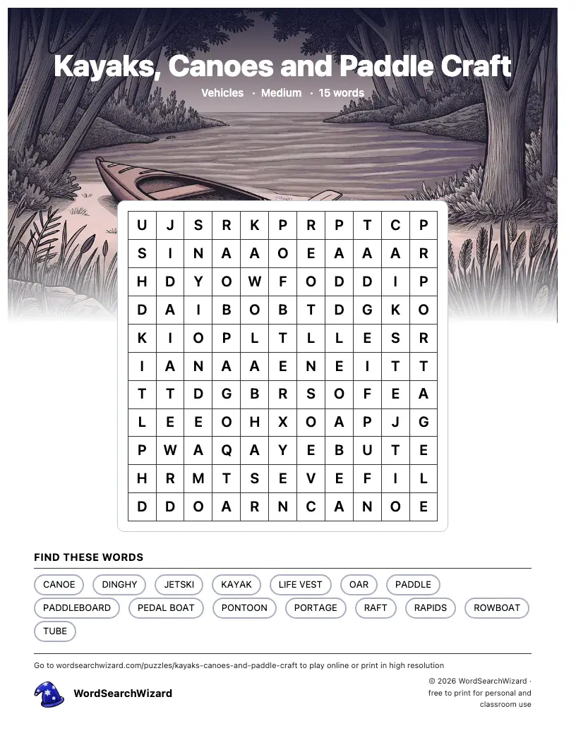 Kayaks, Canoes and Paddle Craft word search printable sheet, 15 words to find