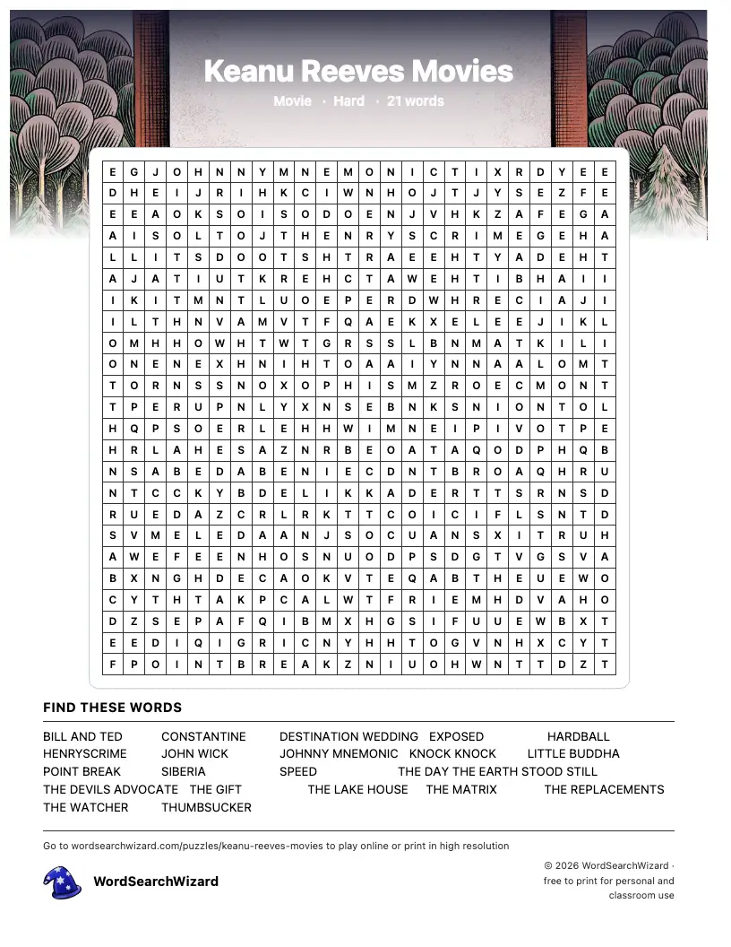 Keanu Reeves Movies word search printable sheet, 21 words to find