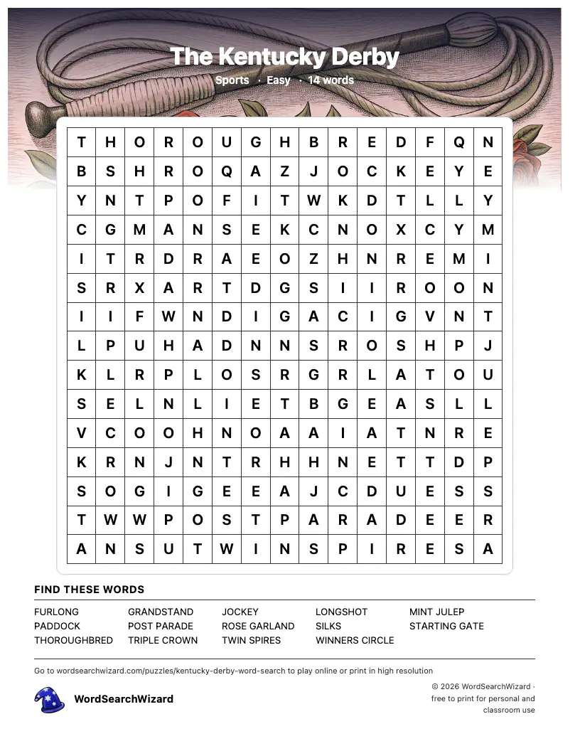 The Kentucky Derby word search printable sheet, 14 words to find