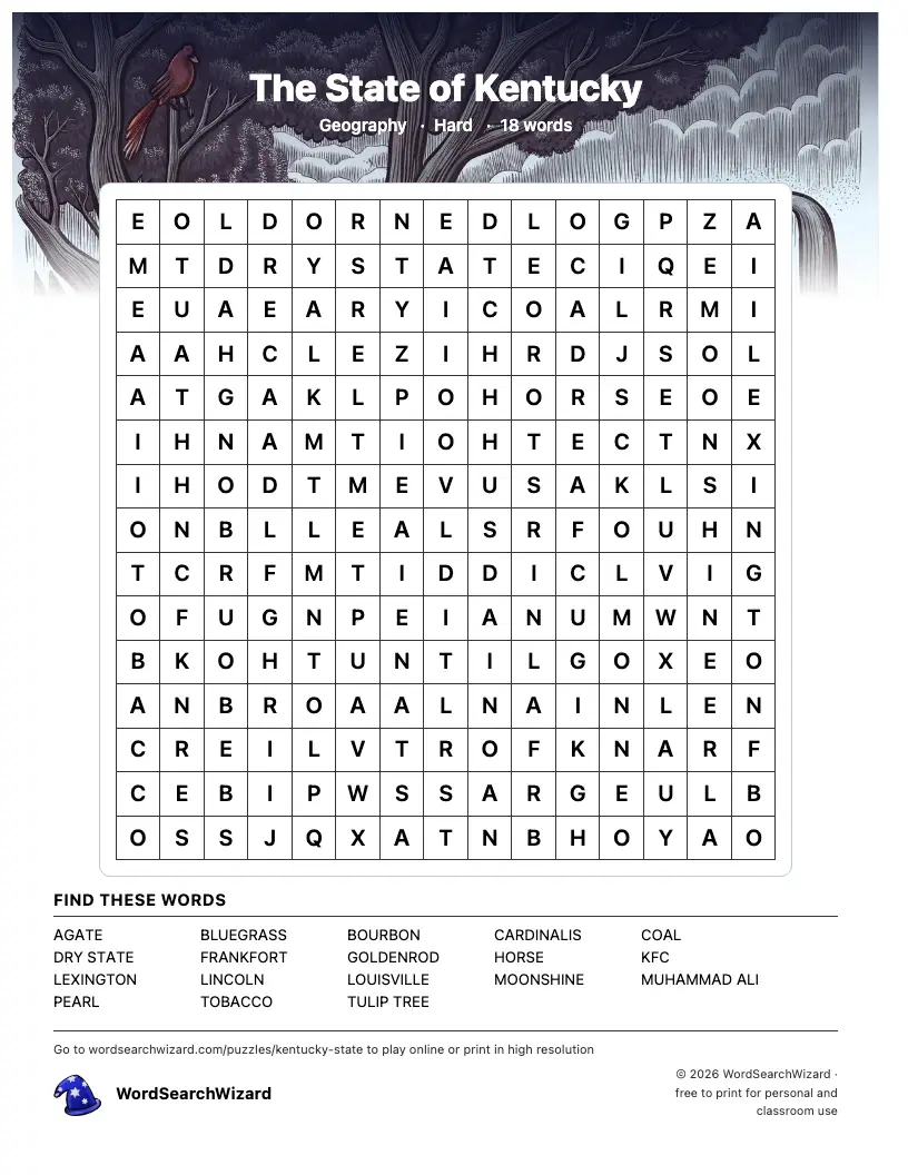 The State of Kentucky word search printable sheet, 18 words to find