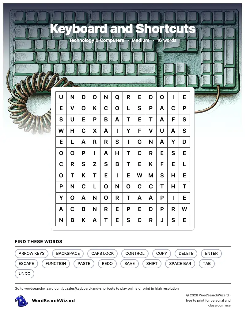 Keyboard and Shortcuts word search printable sheet, 16 words to find