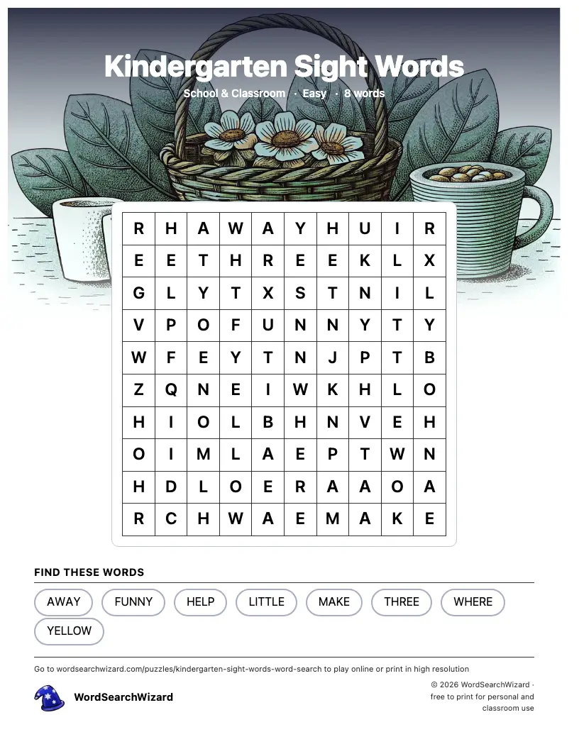 Kindergarten Sight Words word search printable sheet, 8 words to find
