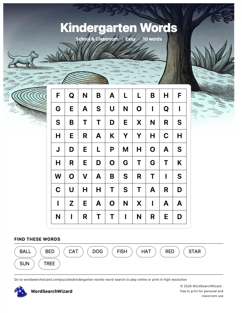 Kindergarten Words word search printable sheet, 10 words to find