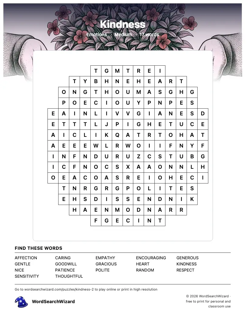 Kindness word search printable sheet, 17 words to find