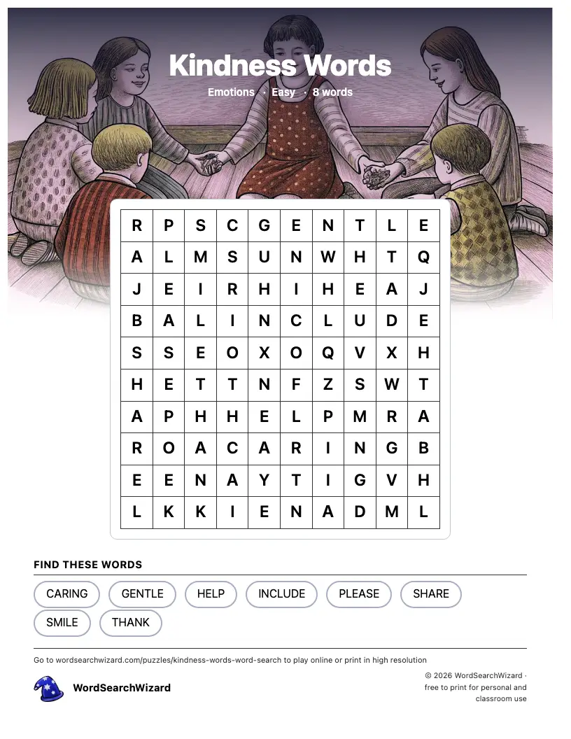 Kindness Words word search printable sheet, 8 words to find
