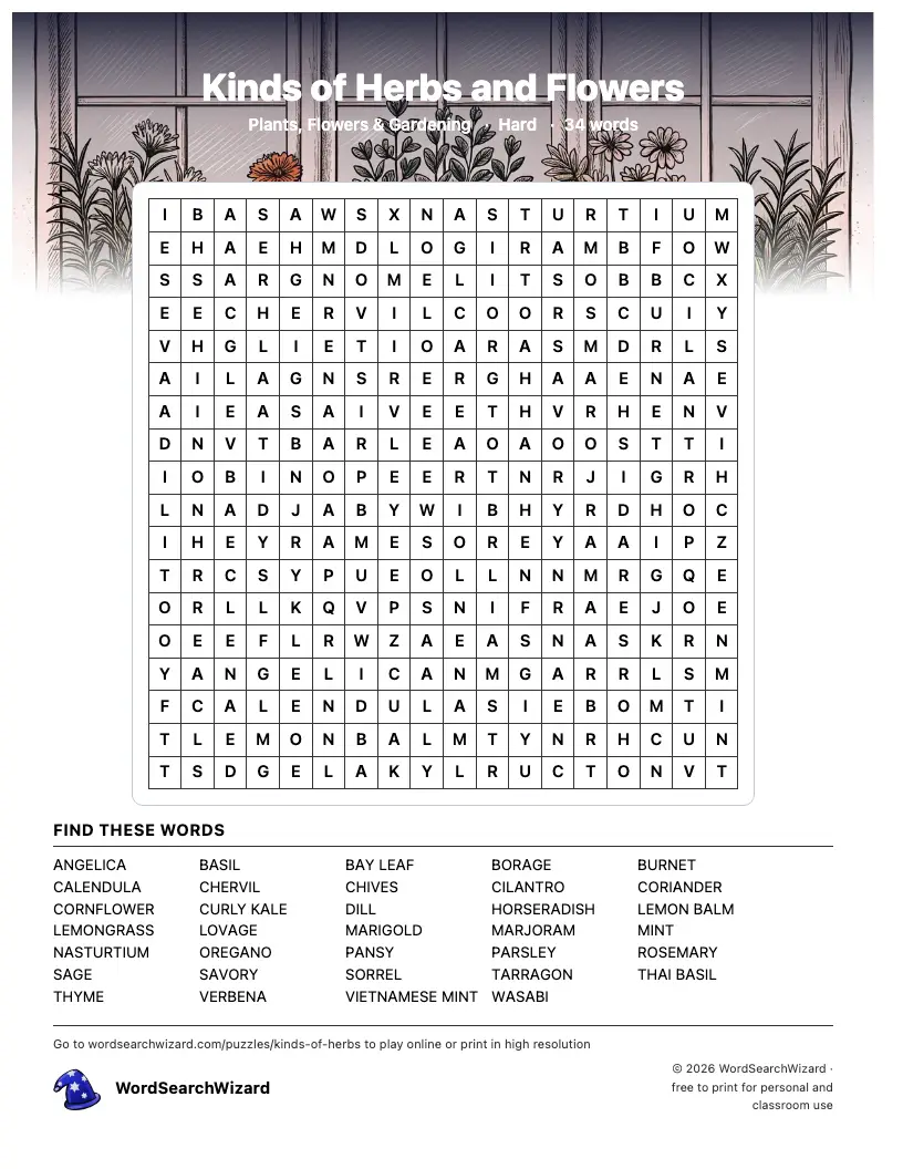 Kinds of Herbs and Flowers word search printable sheet, 34 words to find