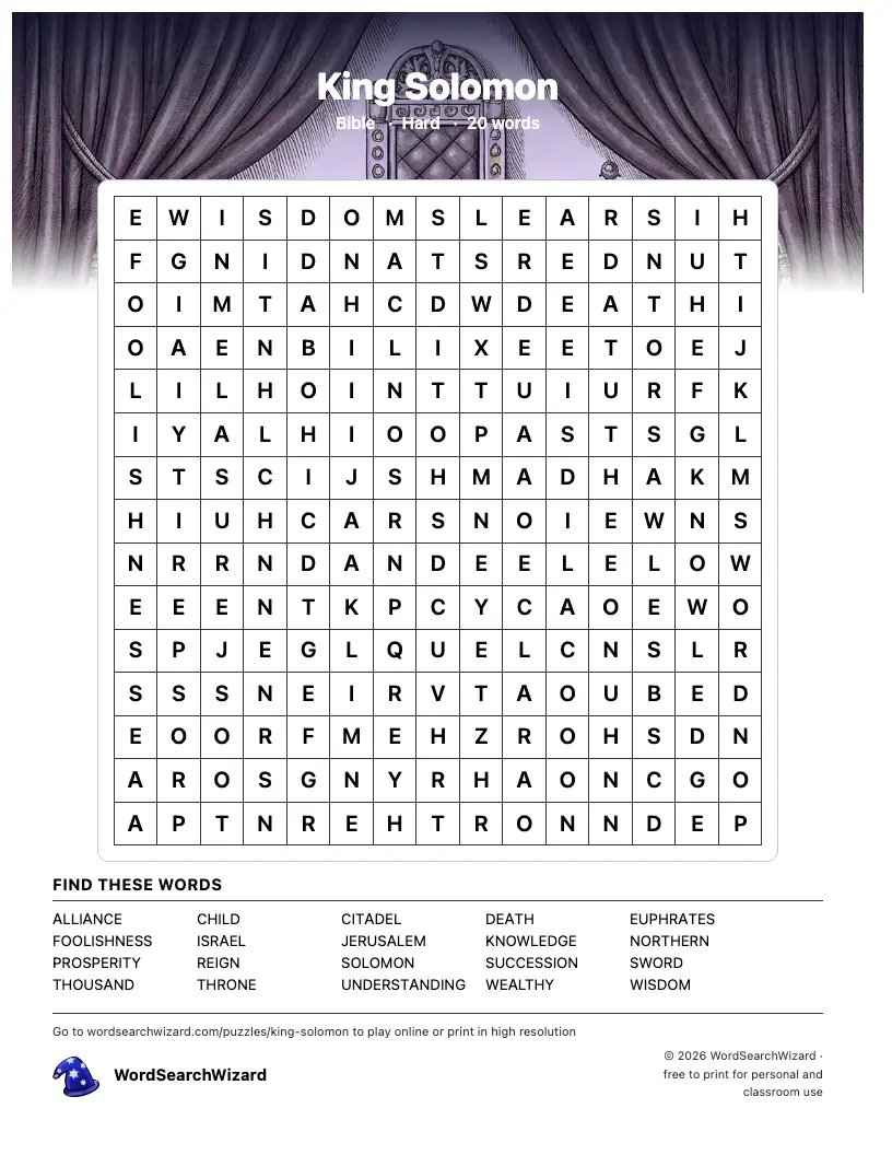 King Solomon word search printable sheet, 20 words to find