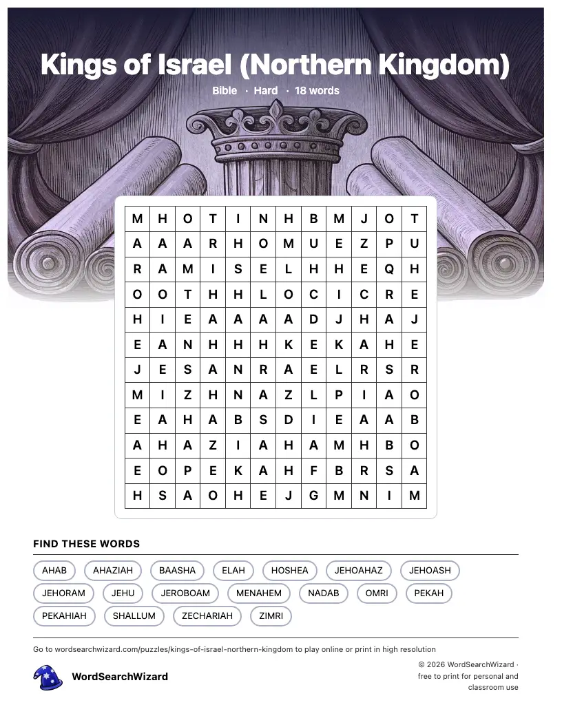 Kings of Israel (Northern Kingdom) word search printable sheet, 18 words to find