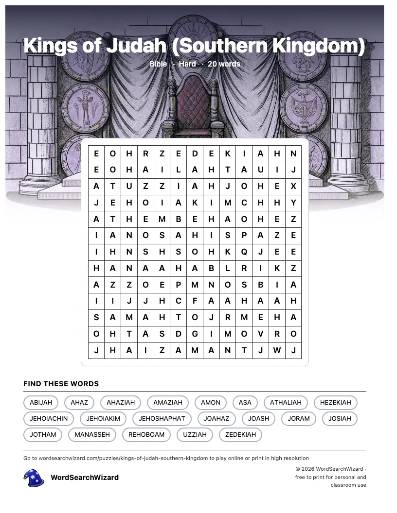 Kings of Judah (Southern Kingdom) word search printable sheet, 20 words to find