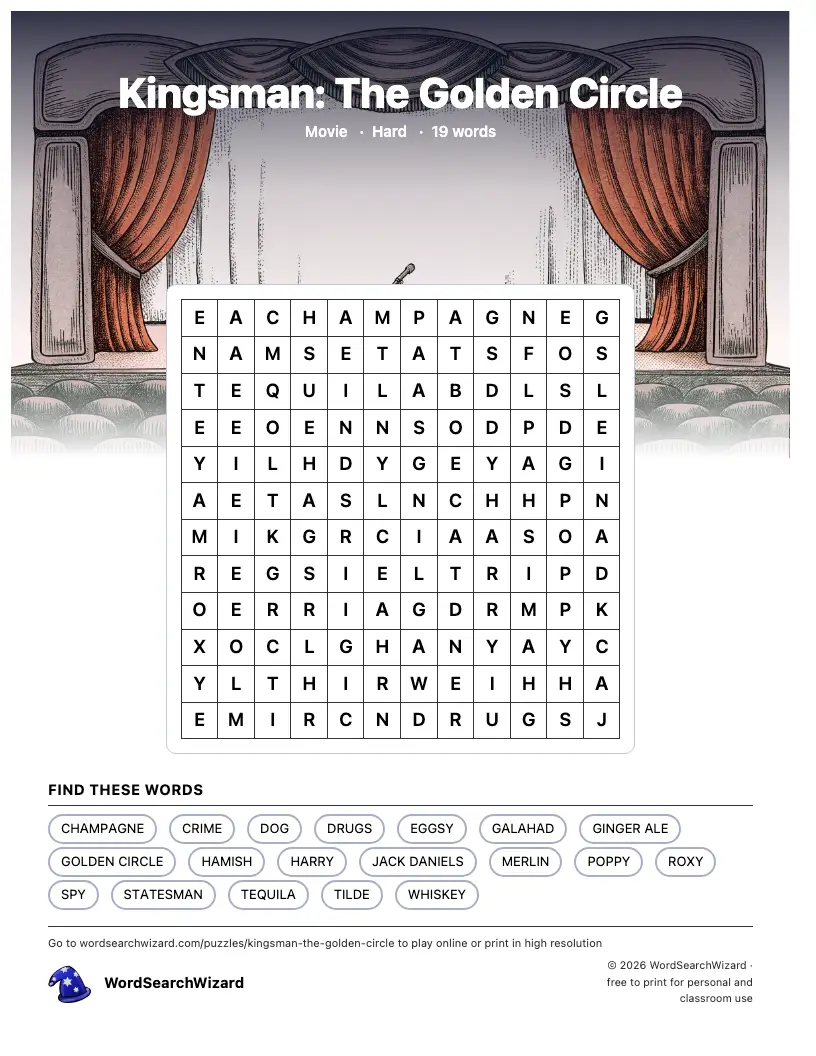Kingsman: The Golden Circle word search printable sheet, 19 words to find