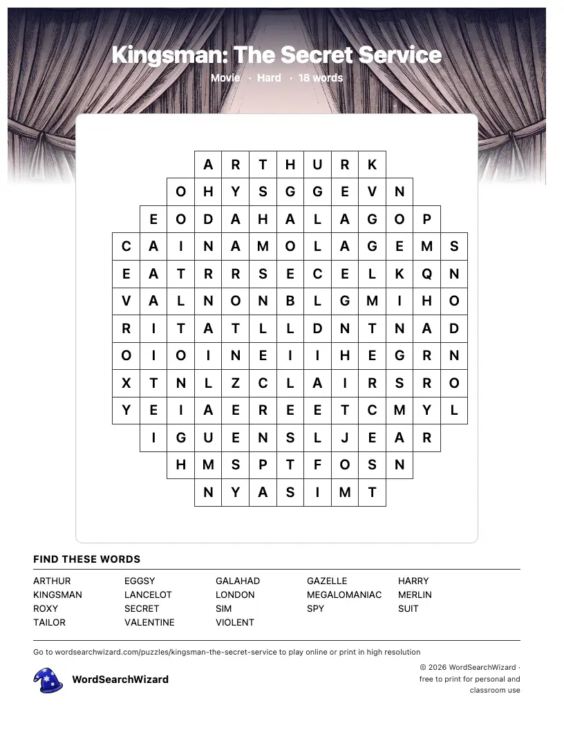 Kingsman: The Secret Service word search printable sheet, 18 words to find