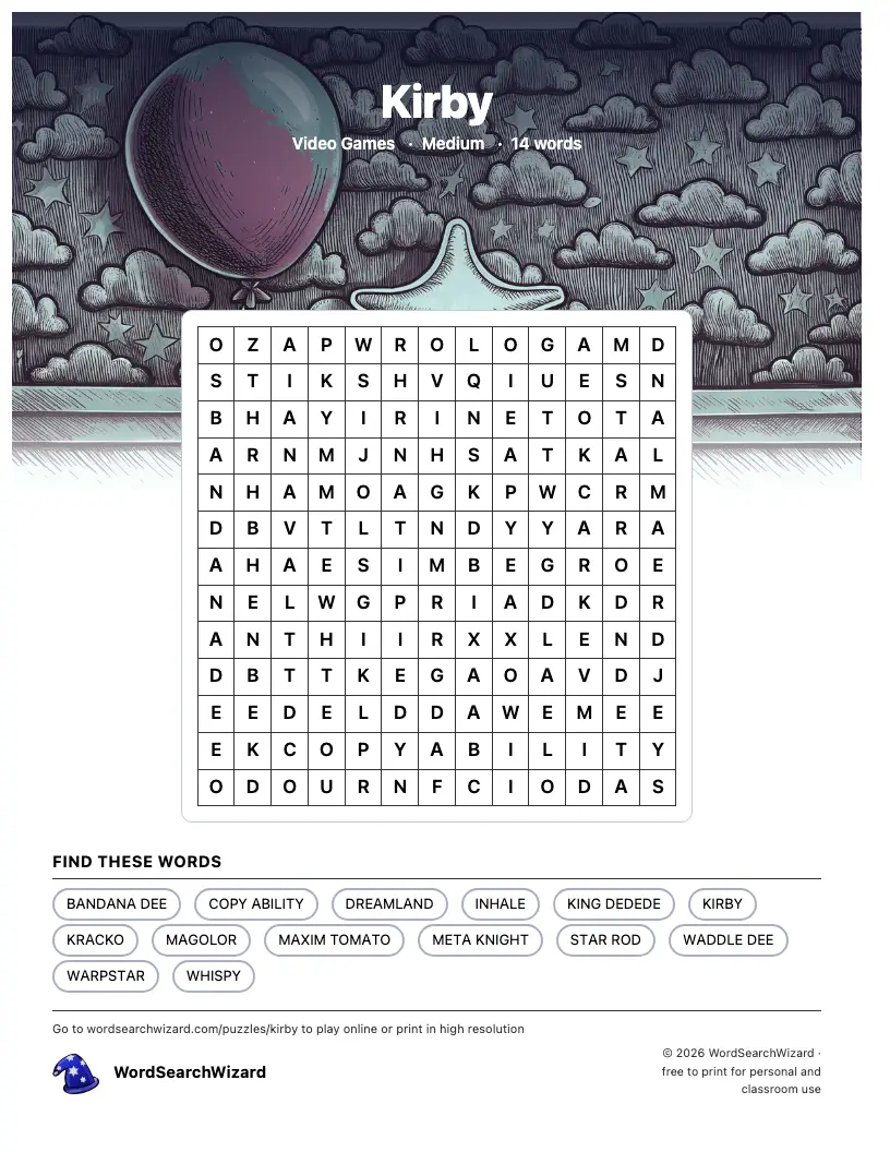 Kirby word search printable sheet, 14 words to find