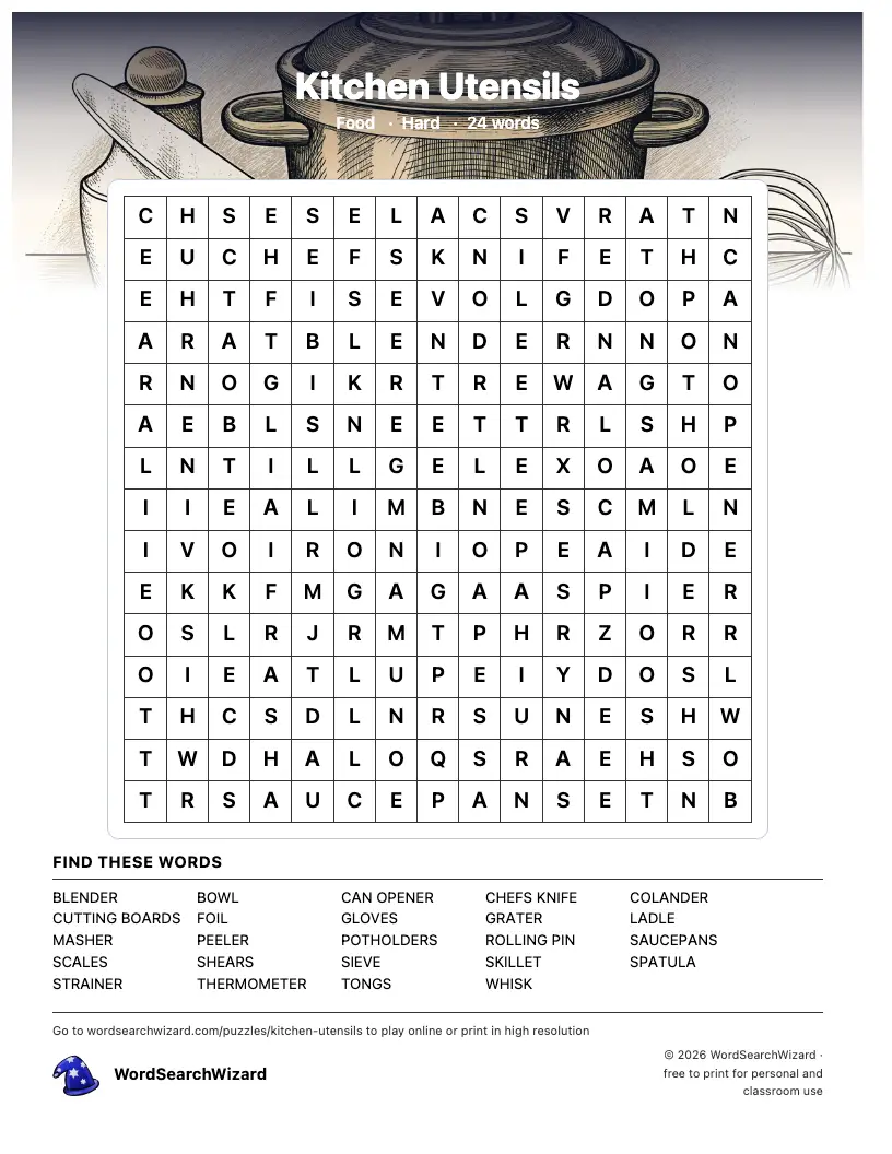 Kitchen Utensils word search printable sheet, 24 words to find