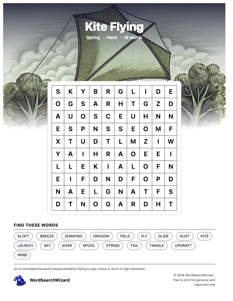 Kite Flying word search printable sheet, 18 words to find