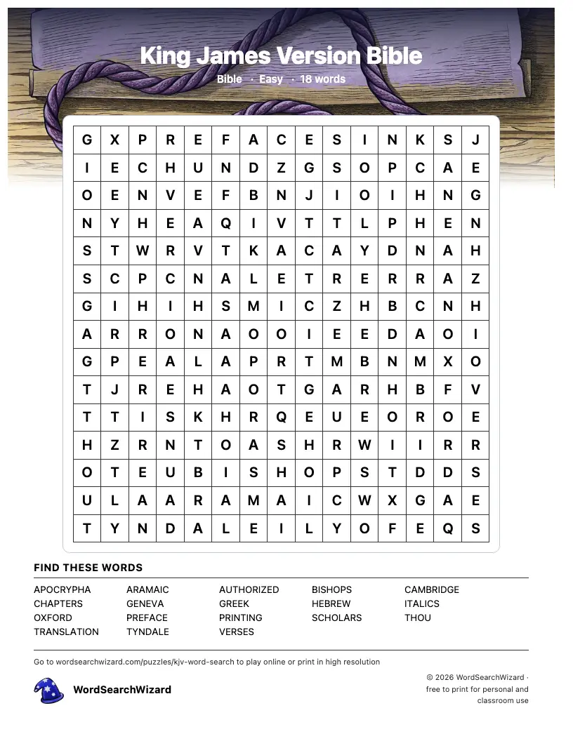 King James Version Bible word search printable sheet, 18 words to find