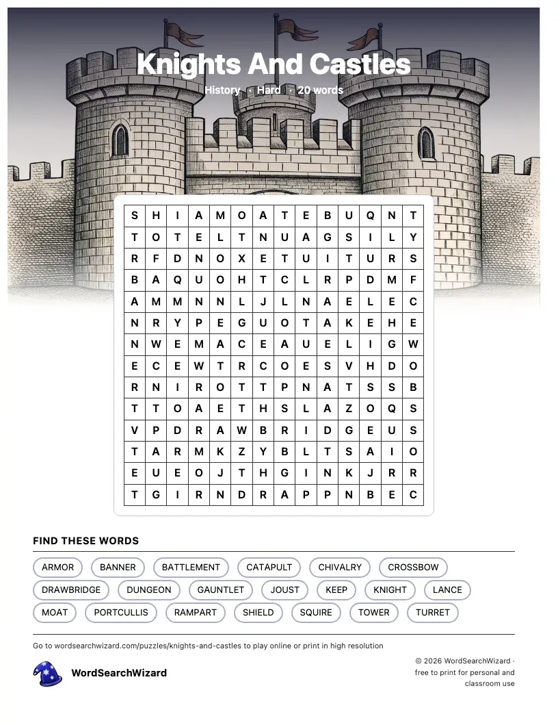 Knights And Castles word search printable sheet, 20 words to find