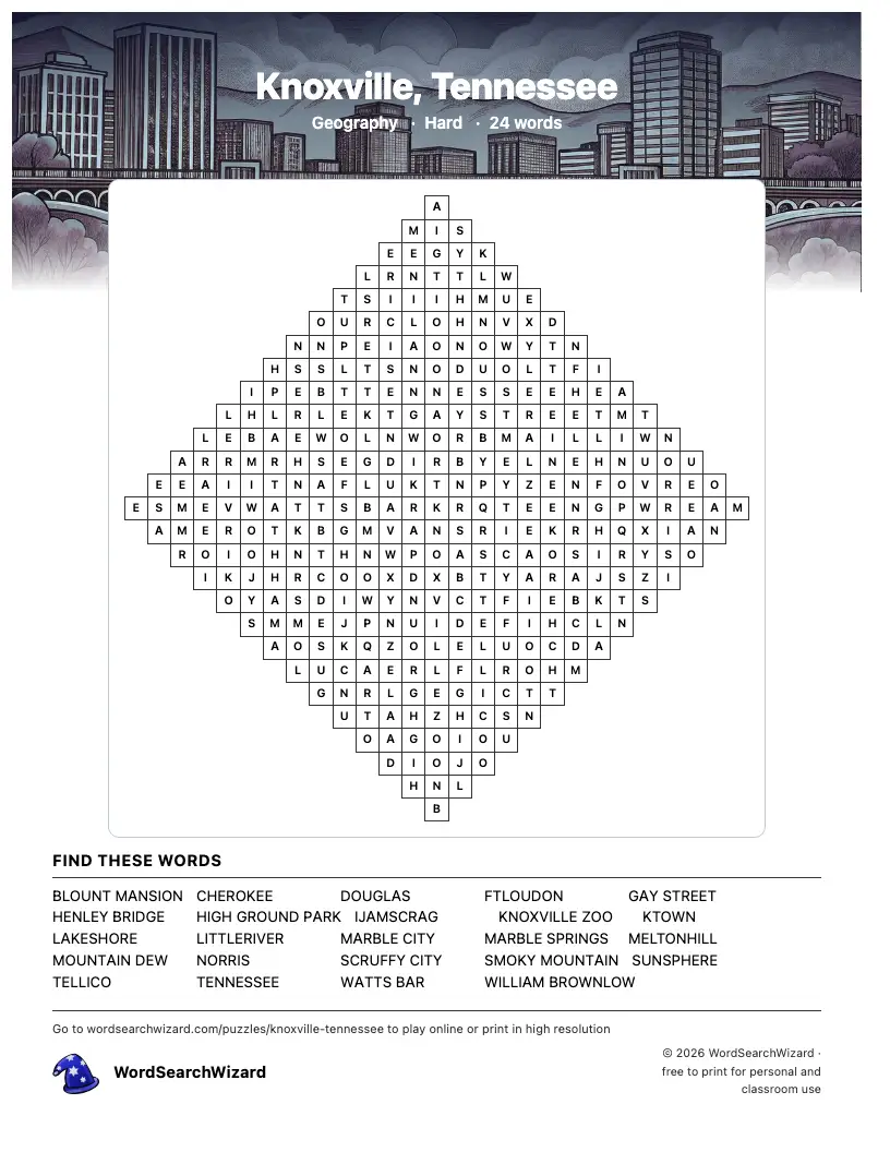 Knoxville, Tennessee word search printable sheet, 24 words to find