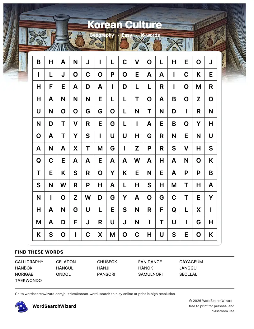 Korean Culture word search printable sheet, 16 words to find