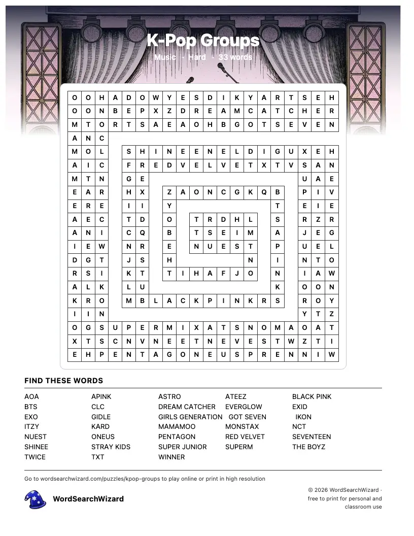 K-Pop Groups word search printable sheet, 33 words to find