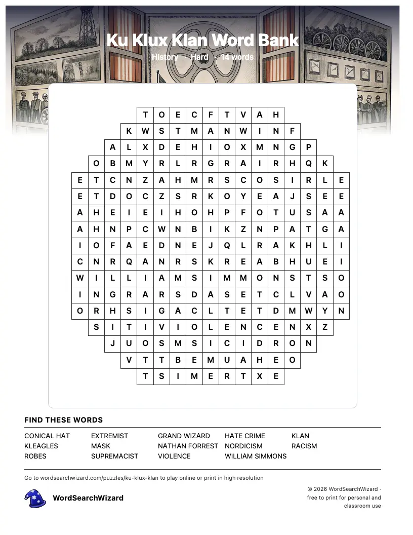 Ku Klux Klan Word Bank word search printable sheet, 14 words to find