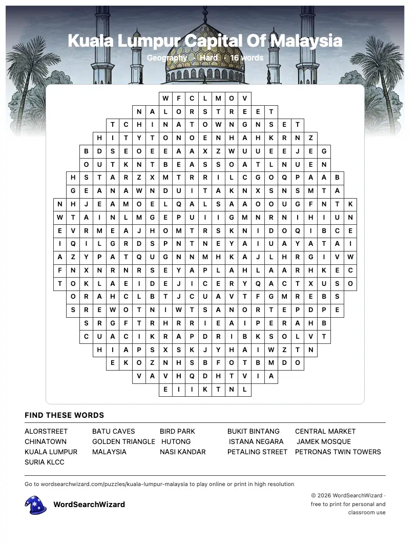 Kuala Lumpur Capital Of Malaysia word search printable sheet, 16 words to find