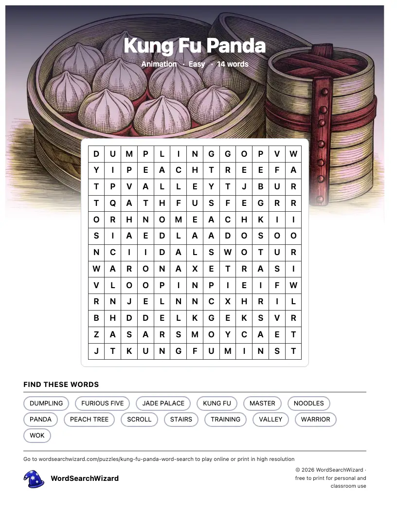 Kung Fu Panda word search printable sheet, 14 words to find