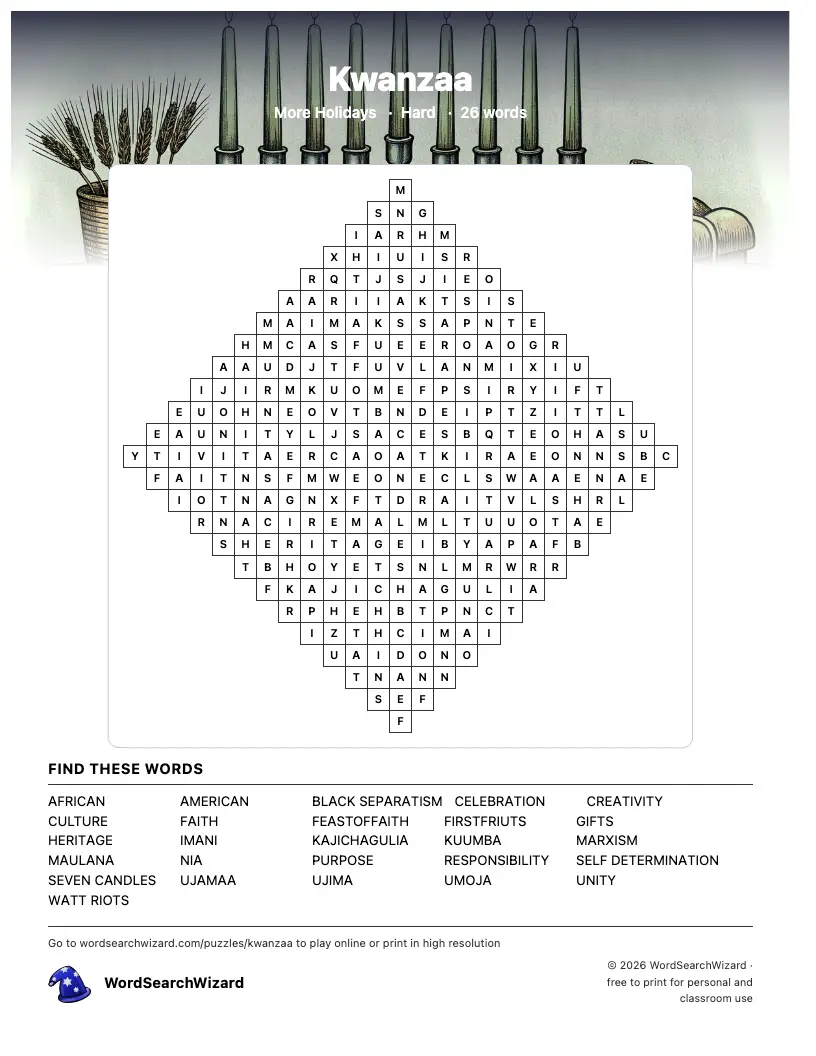 Kwanzaa word search printable sheet, 26 words to find
