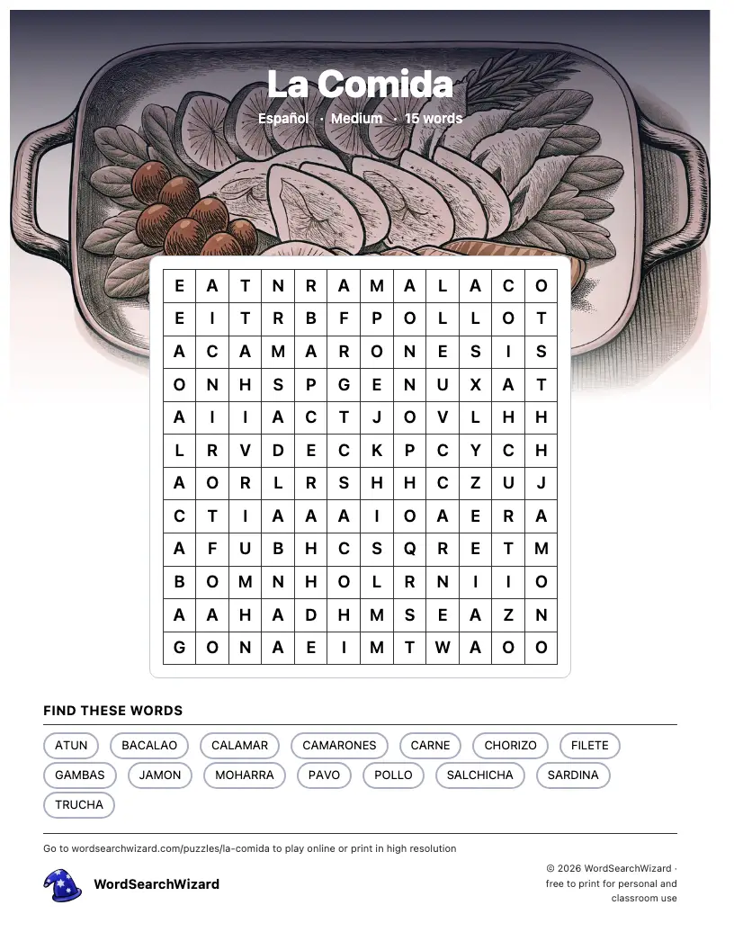 La Comida word search printable sheet, 15 words to find