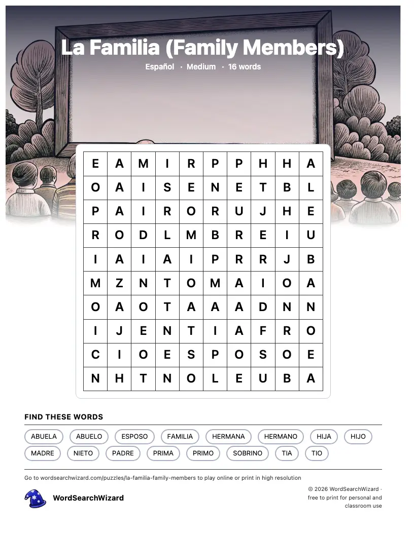 La Familia (Family Members) word search printable sheet, 16 words to find