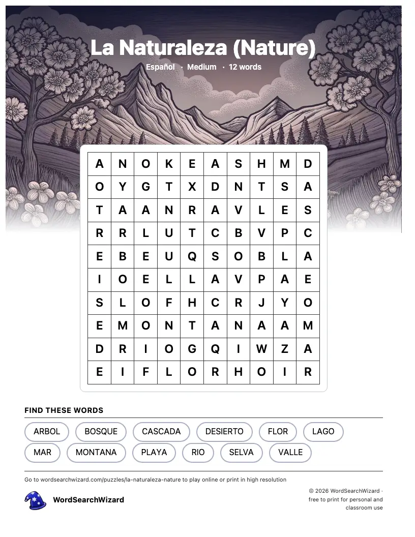 La Naturaleza (Nature) word search printable sheet, 12 words to find