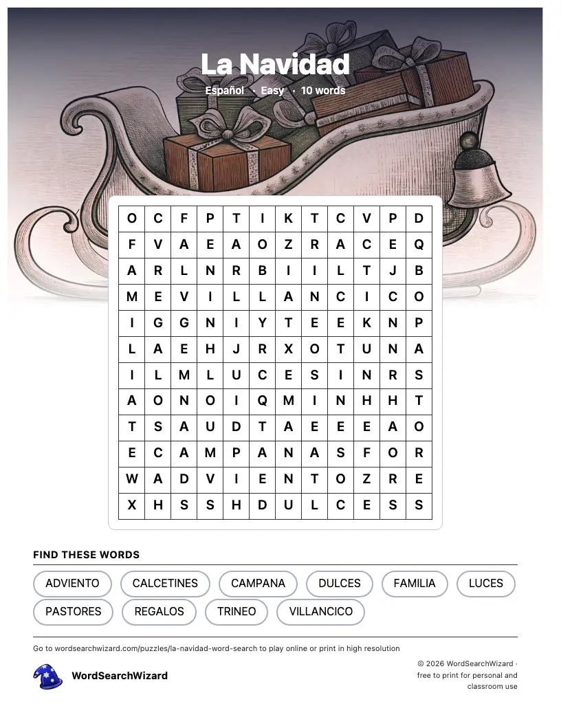 La Navidad word search printable sheet, 10 words to find