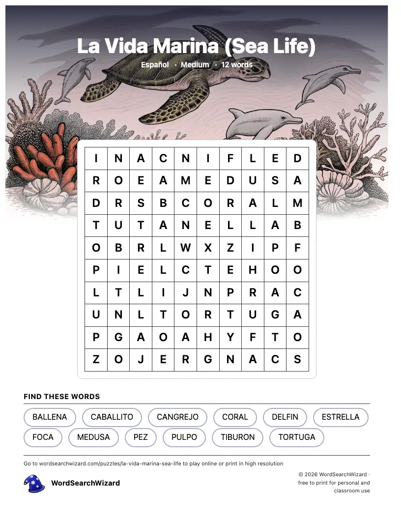 La Vida Marina (Sea Life) word search printable sheet, 12 words to find
