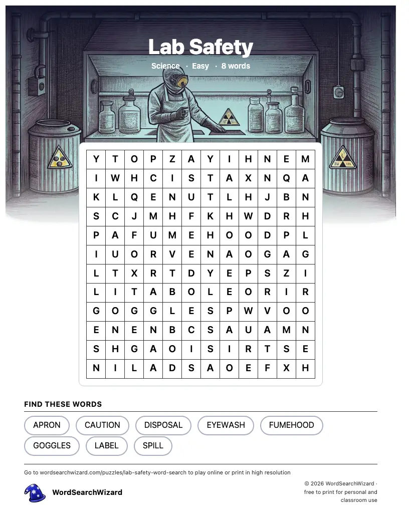 Lab Safety word search printable sheet, 8 words to find