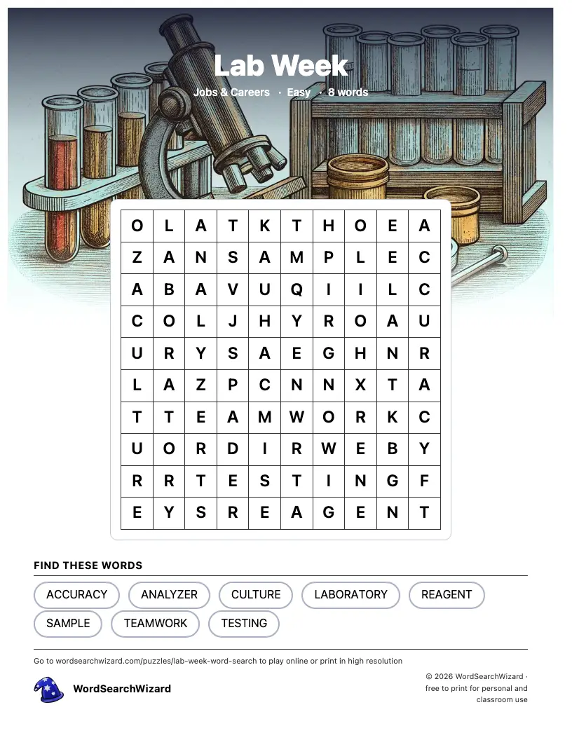 Lab Week word search printable sheet, 8 words to find