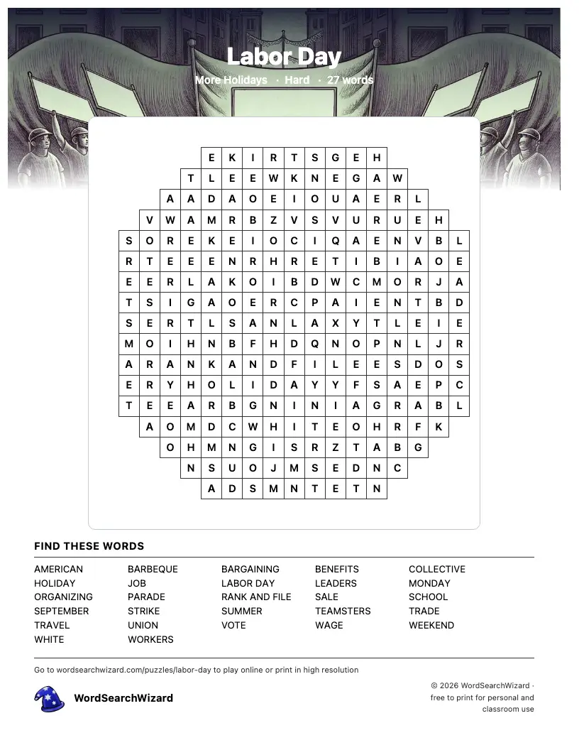 Labor Day word search printable sheet, 27 words to find
