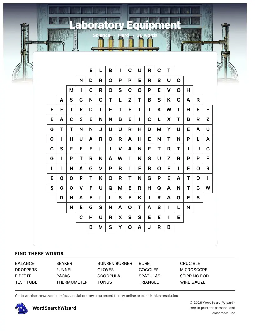 Laboratory Equipment word search printable sheet, 20 words to find