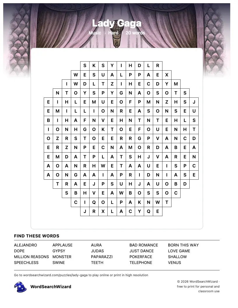 Lady Gaga word search printable sheet, 20 words to find