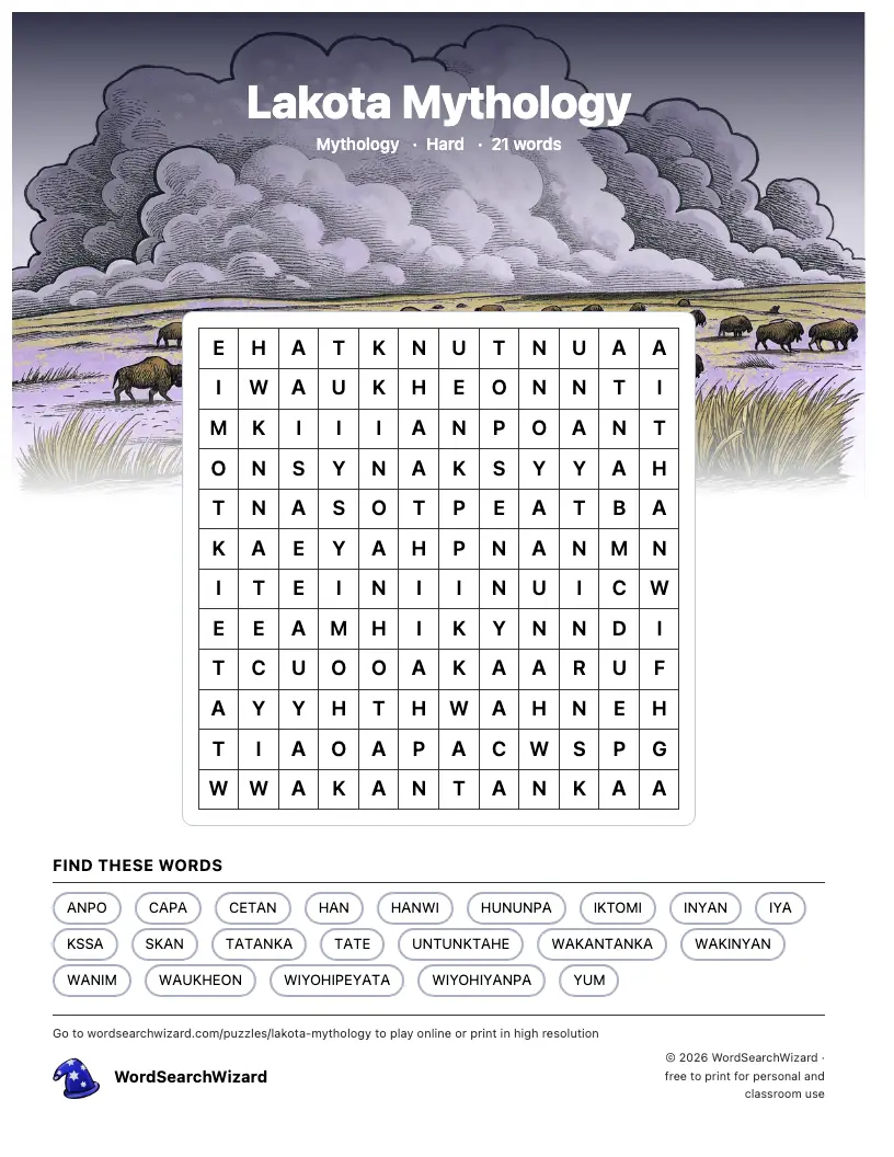 Lakota Mythology word search printable sheet, 21 words to find