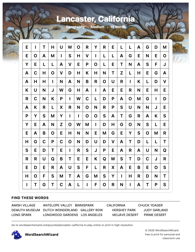 Lancaster, California word search printable sheet, 15 words to find