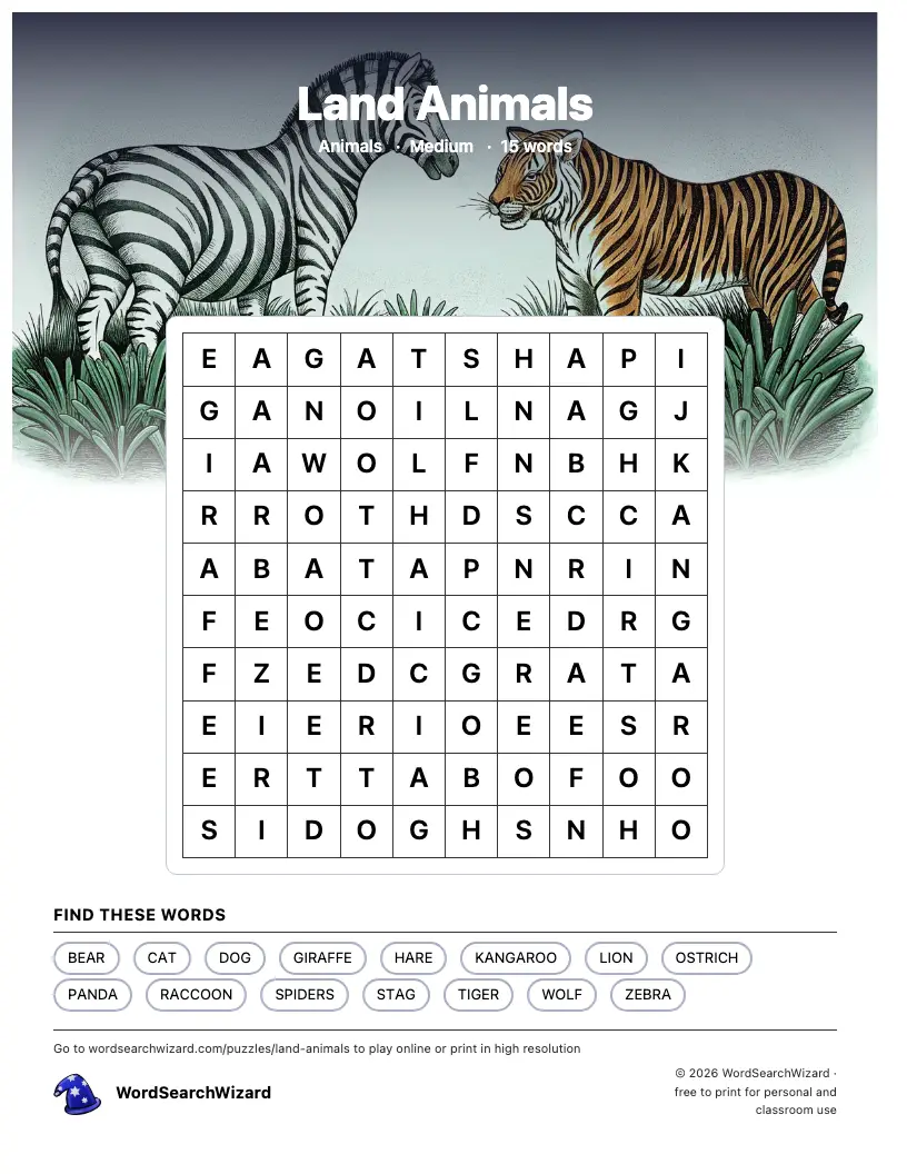 Land Animals word search printable sheet, 15 words to find