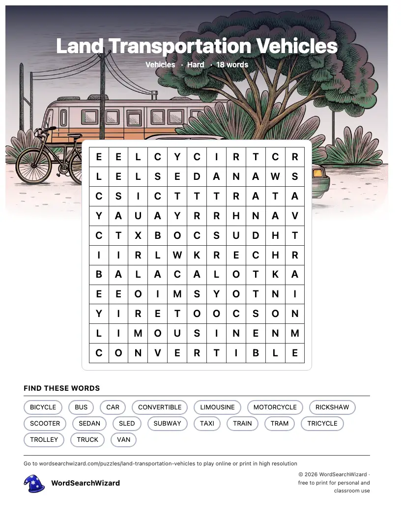 Land Transportation Vehicles word search printable sheet, 18 words to find